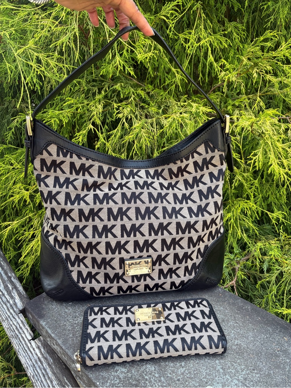 Michael Kors Black and Beige MK Logo Shoulder Bag with Matching Wallet ( 2 fer )